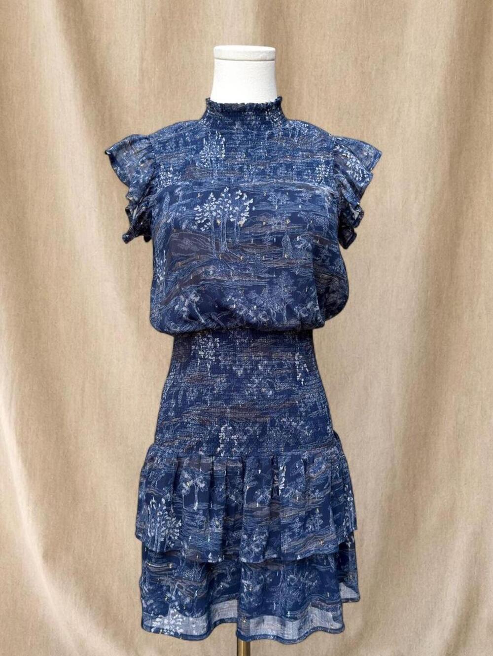 Blue and white print ruffle mini dress